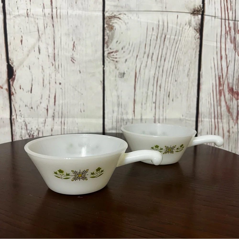 ANCHOR HOCKING Fire King ware Vintage White Soup Bowls with Green Floral Design - Picture 7 of 14